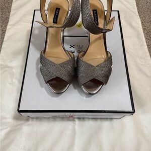 Alex Marie Metallic Silver Woven Peep-Toe Ankle-Strap Heels